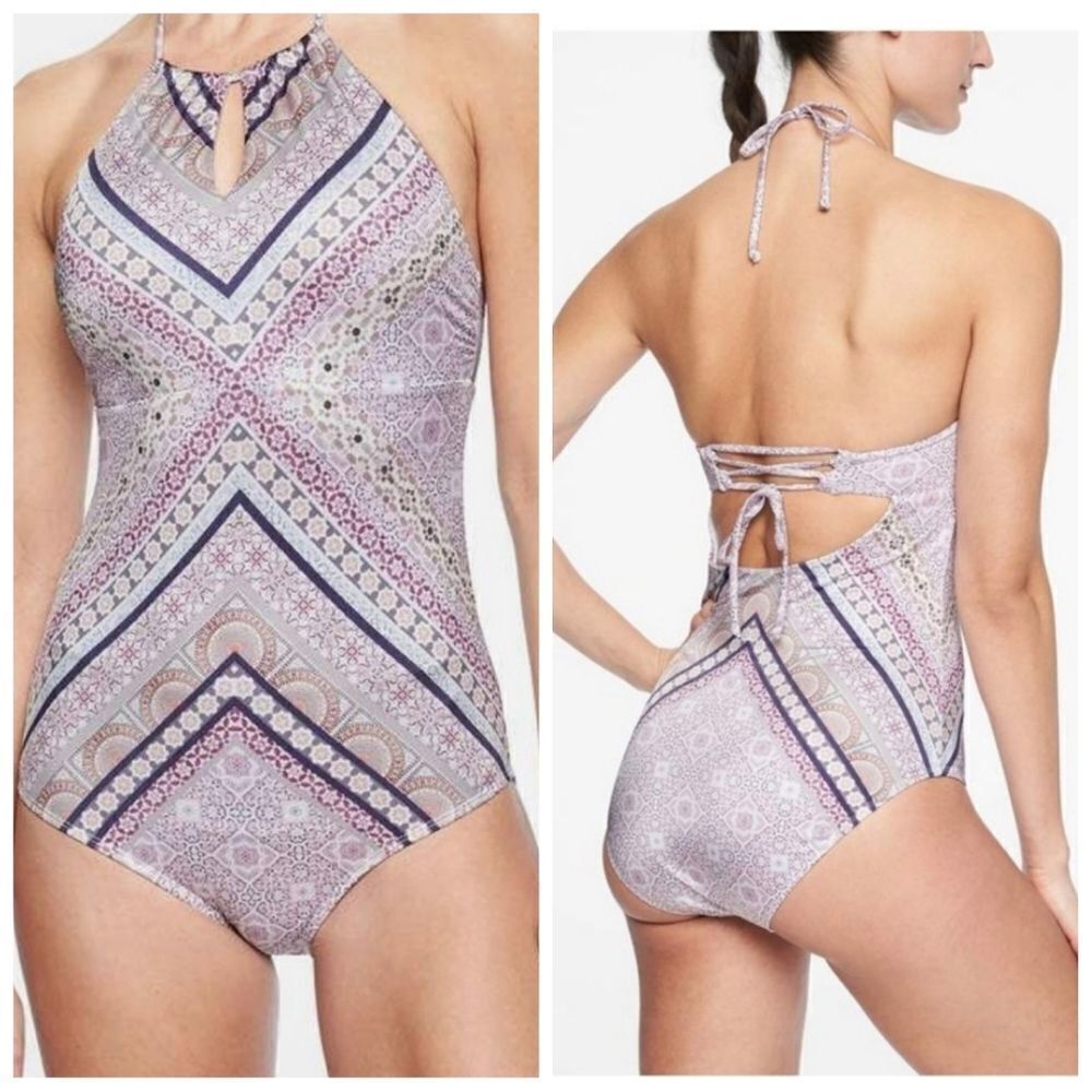 ATHLETA swimsuit aqualuxe printed high neck keyhole active one piece S